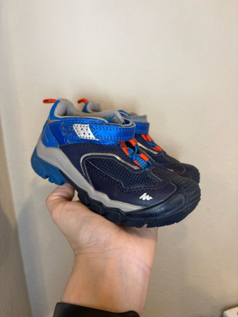 Quechua Navy and Bright Blue Kids Trail Sneakers with Orange Accents